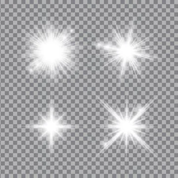 White light glow effect, light rays set. Radiant flash, lens flare, vector .. Stock Illustration
