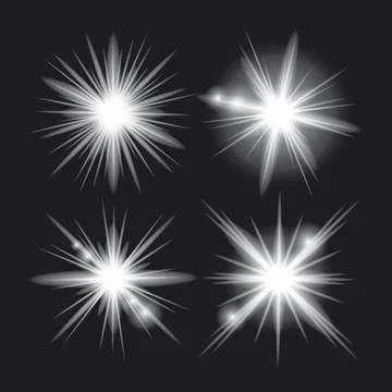 White light glow effect, light rays set. Radiant flash, lens flare, on dark.. Illustrazione stock