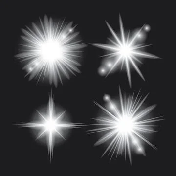 White light glow effect, light rays set. Radiant flash, lens flare, on dark.. Illustrazione stock