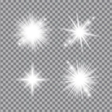 White light glow effect, light rays set. Radiant flash, lens flare, vector .. Illustrazione stock