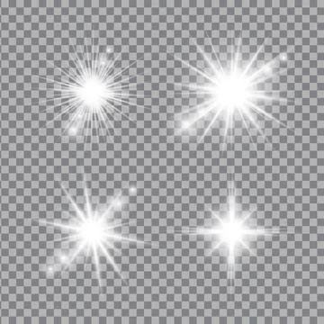 White light glow effect, light rays set. Radiant flash, lens flare, vector .. Stock Illustration