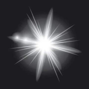 White light glow effect, light rays. Radiant flash, lens flare, on dark backg Stock Illustration