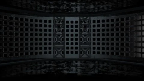 White light panels flashing across a dark industrial grid wall Stock Footage 346779114