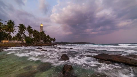 White lighthouse Dondra Head and tropical palms, Sri Lanka, near Matara. Stock-Footage 103412951
