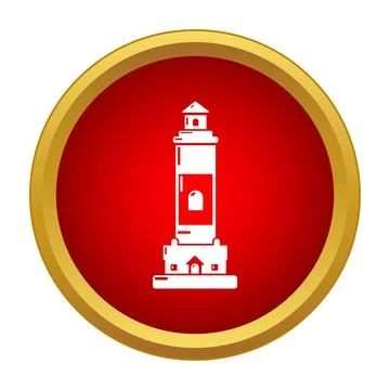 White lighthouse icon on a red circle with a golden border Stock Illustration