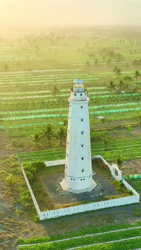White lighthouse standing among bright green farm rows Stock Footage 335432459