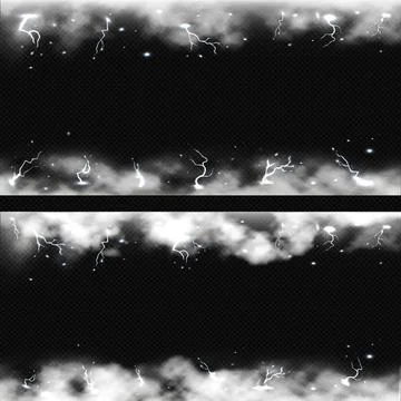 White lightning strikes with smoke effect vector border design set, storm clouds Stock Illustration
