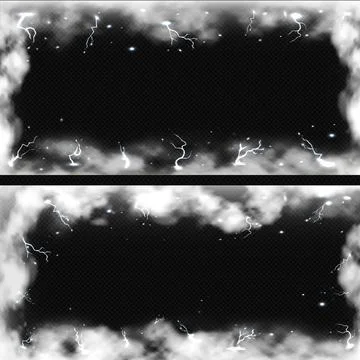 White lightning strikes with smoke effect vector frame set, storm clouds Stock-Illustration