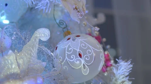 White lights Christmas Tree red diamond Balls decoration. Dolly moves. Isolated. Stock Footage 129835581
