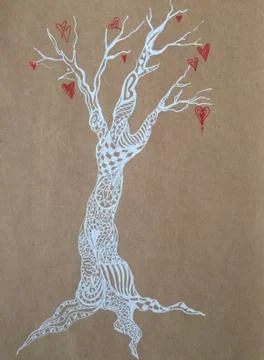 White linder tree with red hearts on craft paper Stock-Illustration