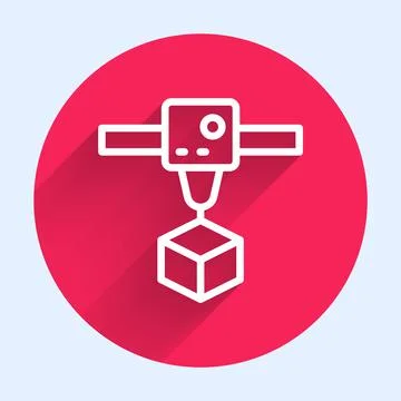 White line 3D printer cube icon isolated with long shadow. 3d printing. Red 스톡 일러스트