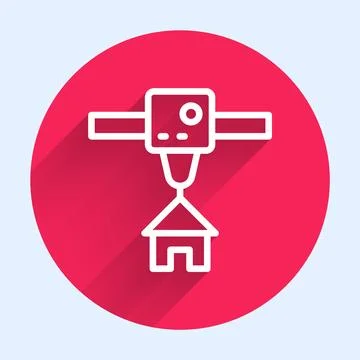White line 3D printer house icon isolated with long shadow. 3d printing. Red Stock Illustration