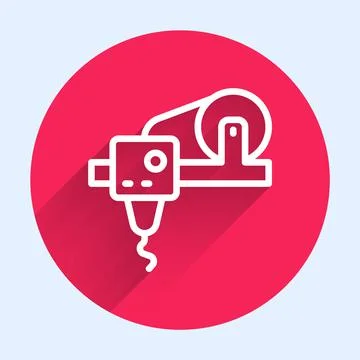 White line 3D printer icon isolated with long shadow. 3d printing. Red circle Stock Illustration