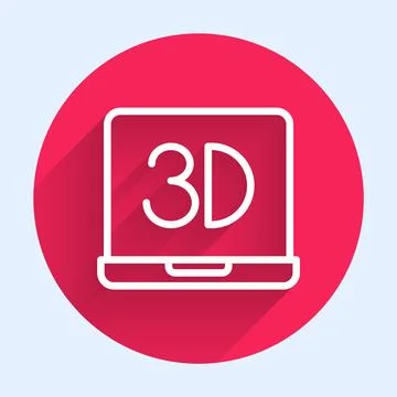White line 3D printer icon isolated with long shadow. 3d printing. Red circle Stock Illustration