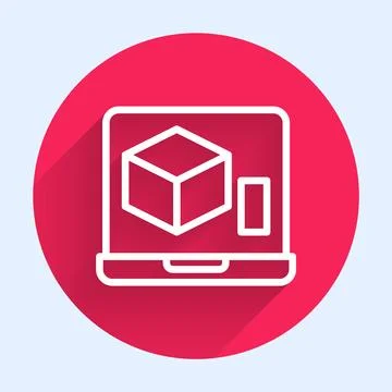 White line 3D printer icon isolated with long shadow. 3d printing. Red circle Stock Illustration