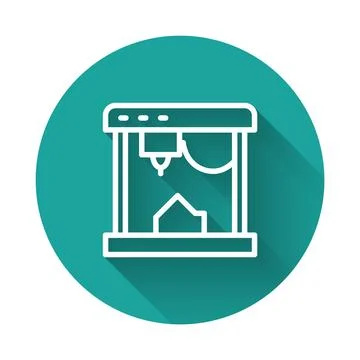 White line 3D printer icon isolated with long shadow. Green circle button. Ve Stock Illustration