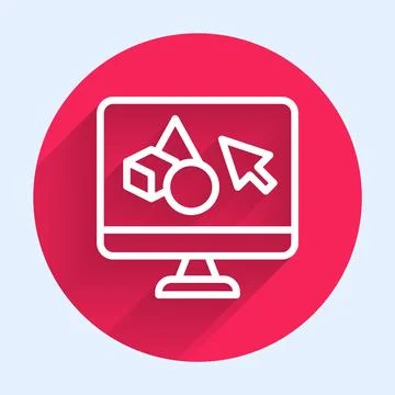 White line 3D printer software icon isolated with long shadow. 3d printing. R Stock Illustration