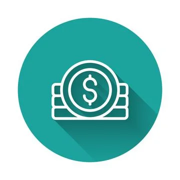 White line Ancient coin icon isolated with long shadow background. Green ci.. Stock Illustration