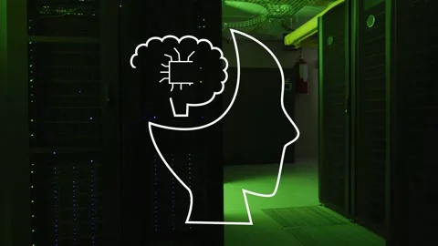 White line appearing near right rack, tracing head and brain with AI-chip binary Stock Footage 334881771