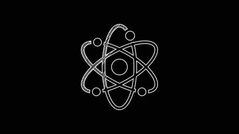 White line Atom icon isolated on black background. Symbol of science, education Stock Footage 203420974
