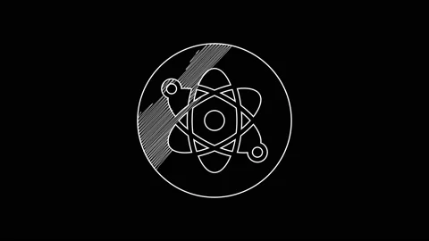 White line Atom icon isolated on black background. Symbol of science, education Stock Footage 203624114