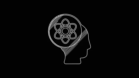 White line Atom icon isolated on black background. Symbol of science, education Stock Footage 203696782