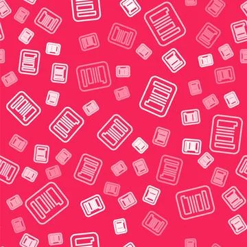 White line Barcode icon isolated seamless pattern on red background. Vector Illustrazione stock
