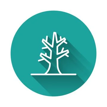 White line Bare tree icon isolated with long shadow background. Green circle Stock Illustration