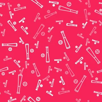 White line Baseball bat with ball icon isolated seamless pattern on red Stock Illustration