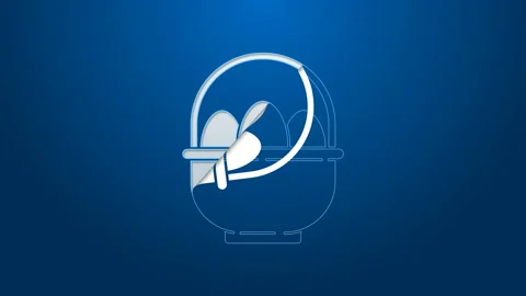 White line Basket with easter eggs icon isolated on blue background. Happy Stock Footage 144143720