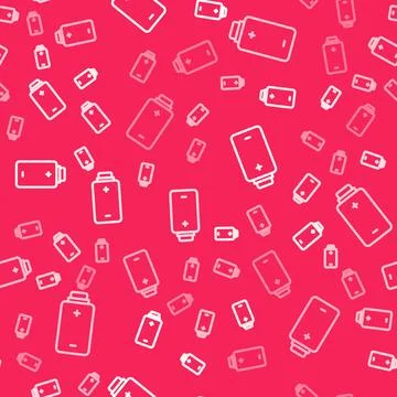 White line Battery charge level indicator icon isolated seamless pattern on red Stock Illustration