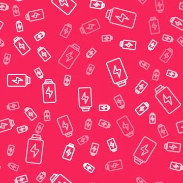 White line Battery charge level indicator icon isolated seamless pattern on red Stock Illustration