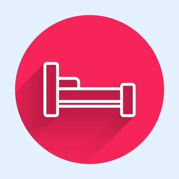 White line Bed icon isolated with long shadow. Red circle button. Vector Stock Illustration