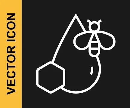 White line Bee and honeycomb icon isolated on black background. Honey cells Stock Illustration