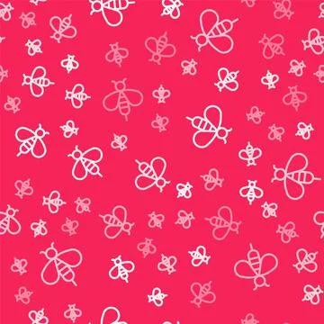 White line Bee icon isolated seamless pattern on red background. Sweet natural Stock Illustration