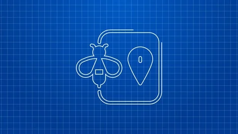 White line Bee location map pin pointer icon isolated on blue background. Farm Video stock 169311957