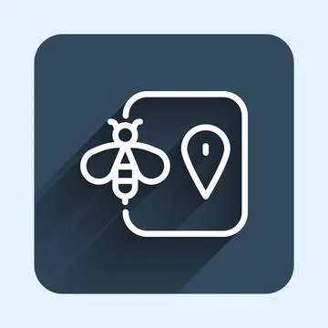 White line Bee location map pin pointer icon isolated with long shadow Stock Illustration