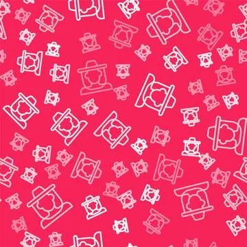 White line Beekeeper with protect hat icon isolated seamless pattern on red Stock Illustration