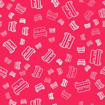 White line Big bed for two or one person icon isolated seamless pattern on red イラスト素材