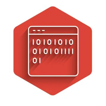 White line Binary code icon isolated with long shadow. Red hexagon button Illustrazione stock