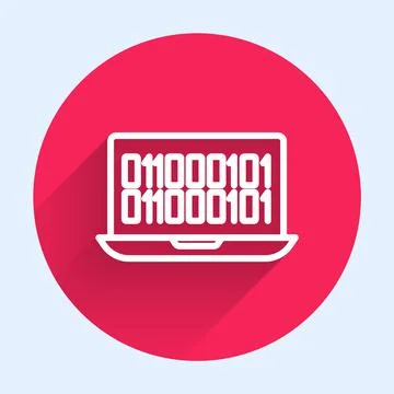 White line Binary code icon isolated with long shadow background. Red circle Stock Illustration