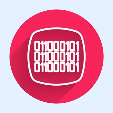 White line Binary code icon isolated with long shadow background. Red circle Stock Illustration