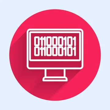 White line Binary code icon isolated with long shadow background. Red circle  Stock Illustration