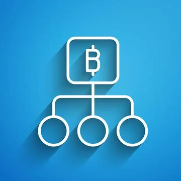 White line Blockchain technology Bitcoin icon isolated on blue background Illustrazione stock