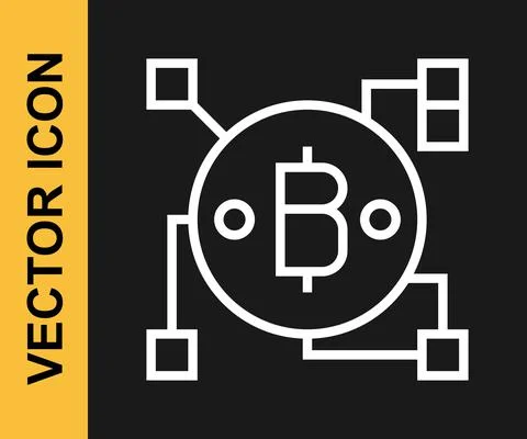 White line Blockchain technology Bitcoin icon isolated on black background Stock Illustration