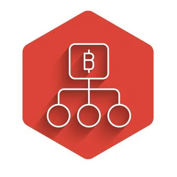 White line Blockchain technology Bitcoin icon isolated with long shadow. Abst Stock Illustration
