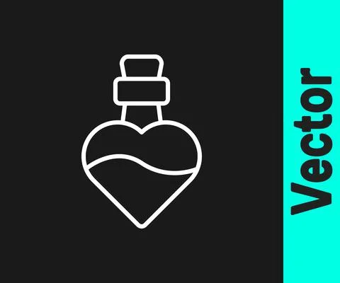 White line Bottle with love potion icon isolated on black background. Happy Illustrazione stock