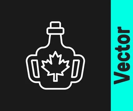 White line Bottle of maple syrup icon isolated on black background. Vector Stock Illustration