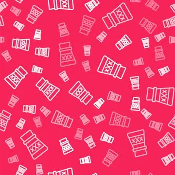 White line Bottle with potion icon isolated seamless pattern on red background Stock Illustration