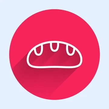 White line Bread loaf icon isolated with long shadow. Red circle button. Vector 스톡 일러스트
